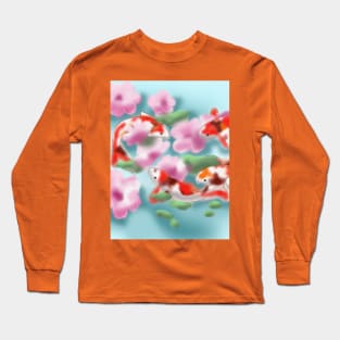cherry blossoms and koi carp in blue-green water Long Sleeve T-Shirt